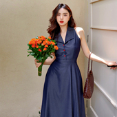 连衣裙女夏季 JUJU港风复古牛仔裙法式 浪漫翻领削肩收腰大摆裙衬衫