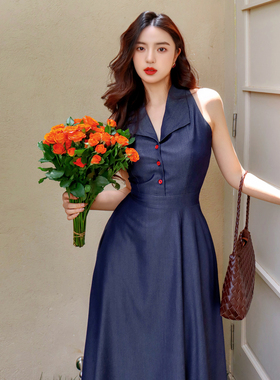 JUJU港风复古牛仔裙法式浪漫翻领削肩收腰大摆裙衬衫连衣裙女夏季