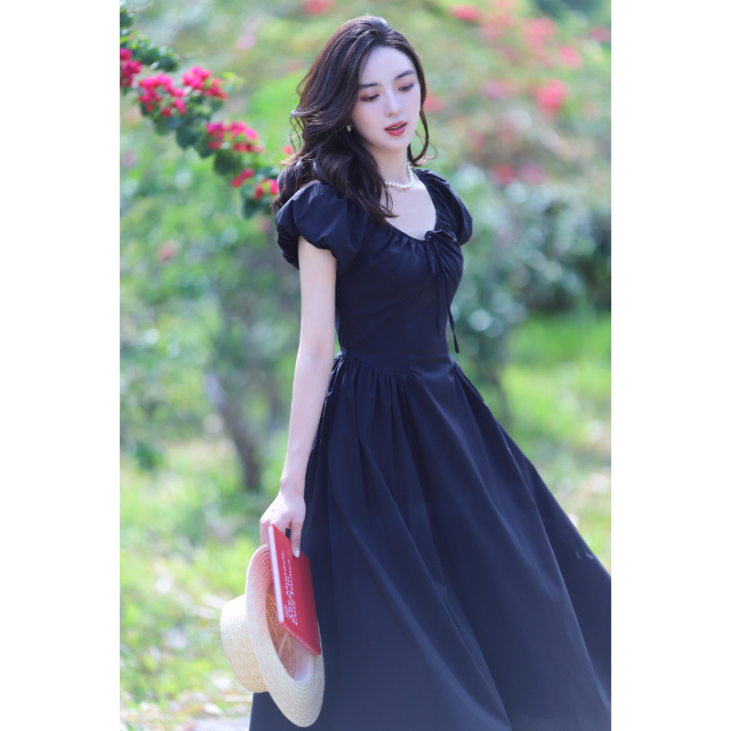 juju定制夏季新款复古小黑裙画廊女孩黑色连衣裙显瘦法式仙女裙子