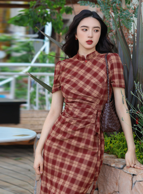 JUJU定制港风新中式国风改良旗袍连衣裙女文艺复古格纹长裙子夏季