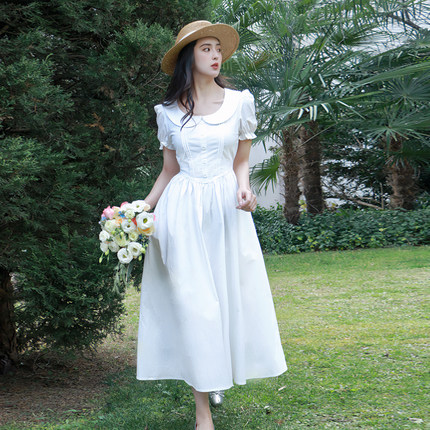 2025年娃娃领法式复古小白裙甜美小清新显瘦大摆白色连衣裙女夏日