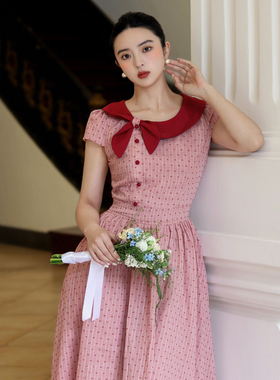 JUJU定制夏季新款法式复古娃娃领连衣裙设计感显瘦粉色裙子甜美女