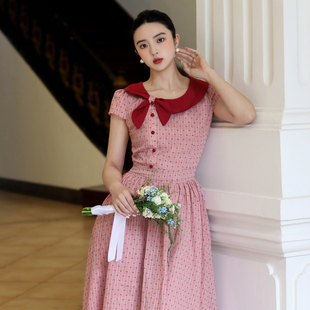 JUJU定制夏季新款法式复古娃娃领连衣裙设计感显瘦粉色裙子甜美女