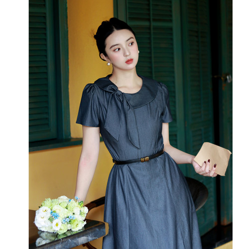 学院复古短袖连衣裙女夏气质长裙