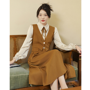 JUJU定制春季裙子2023新款假两件显瘦气质复古法式连衣裙学院风女