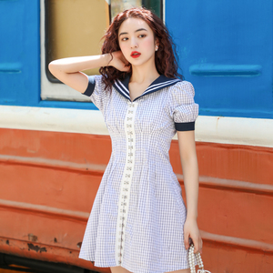 原创设计学院JK风连衣裙水手服泡泡袖格子裙复古短裙校园少女夏季