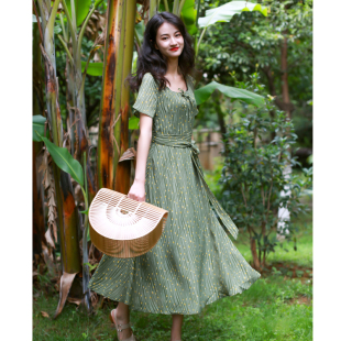 JUJU定制夏季 复古方领雪纺连衣裙收腰绑带大摆裙绿色少女中长裙子