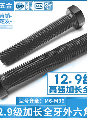 12.9级加长全牙外六角螺丝杆高强度全螺纹螺栓M6M81012141620-M36