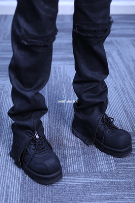 SM黑色涂蜡裤脚拉链牛仔裤