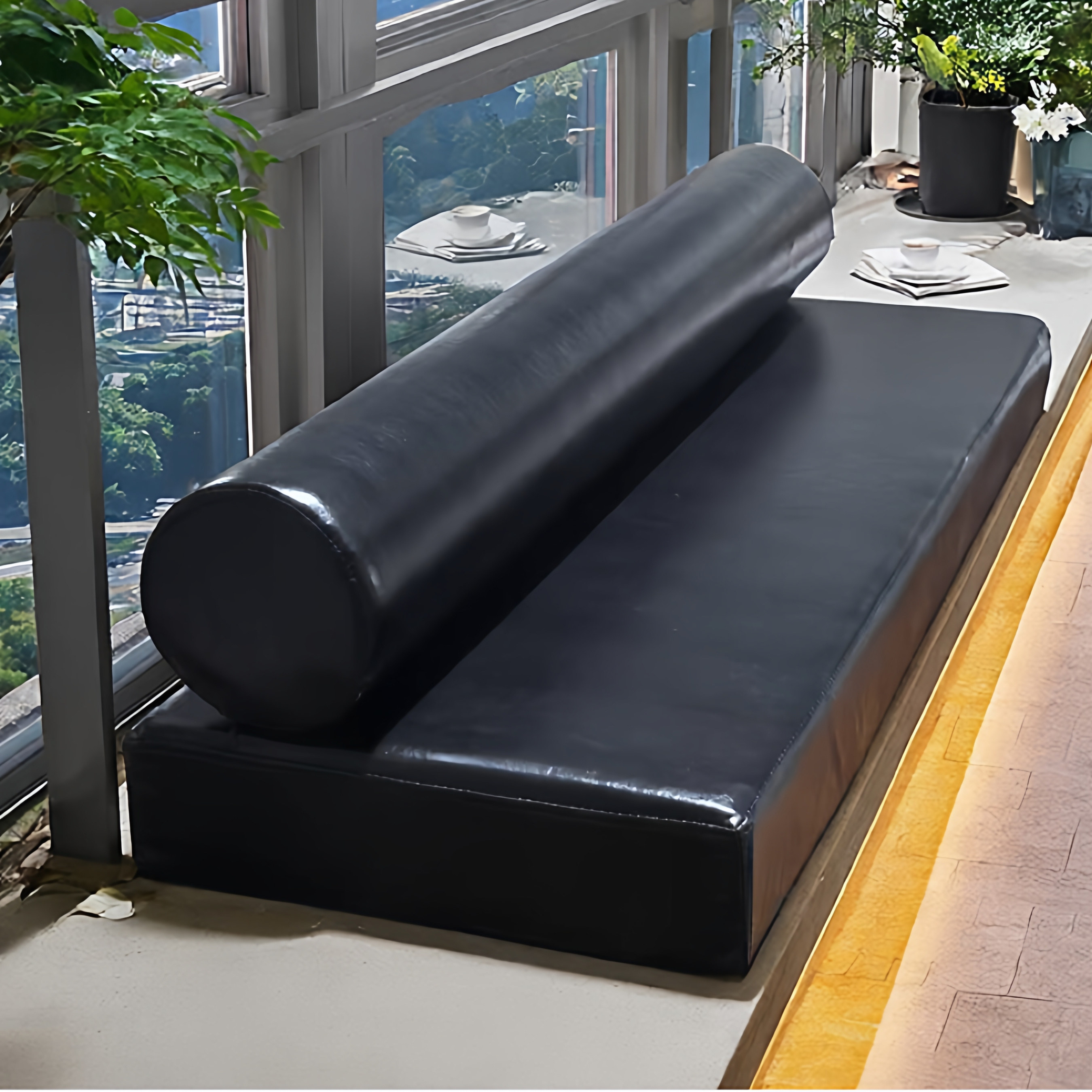 简约海绵软包垫榻榻米带靠背黑色皮质卡座沙发垫圆柱长条靠垫定制