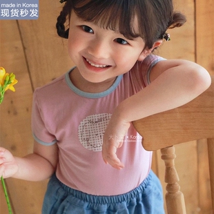 现货大卜菜韩国进口童装夏新amber女童上衣包边可爱小狗短袖T恤
