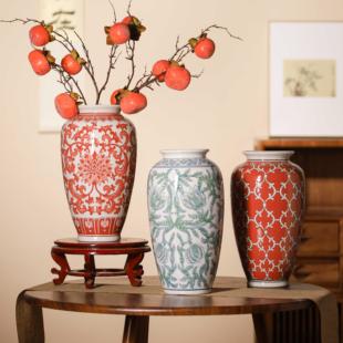 新中式手绘釉里红缠枝莲仿古瓷水培插花摆件红色轻奢装饰陶瓷花瓶