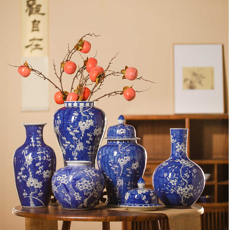 景德镇仿古青花手绘冰梅花瓶陶瓷花器摆件落地新中式水培别墅花瓶