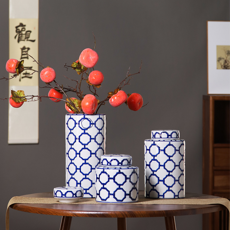 新中式景德镇青花陶瓷花瓶白色罐子密封无孔带盖插花水培水养摆件