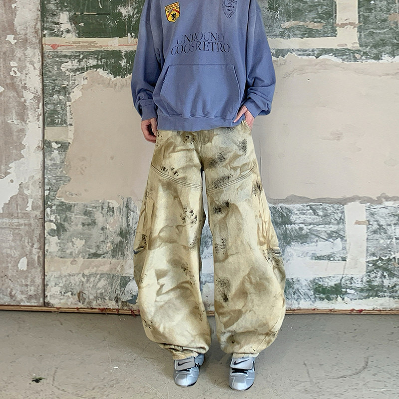 hiphop脏染做旧直筒牛仔裤男女高街宽松垂感拖地阔腿裤YD9033-P80,男装牛仔裤,星座509