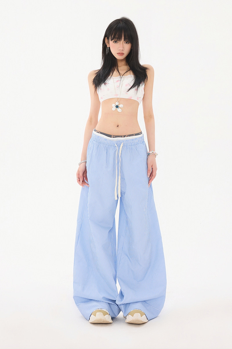 条纹休闲裤女2025秋季新款双腰抽绳设计慵懒宽松阔腿裤YD9010-P55,男装休闲裤,星座509