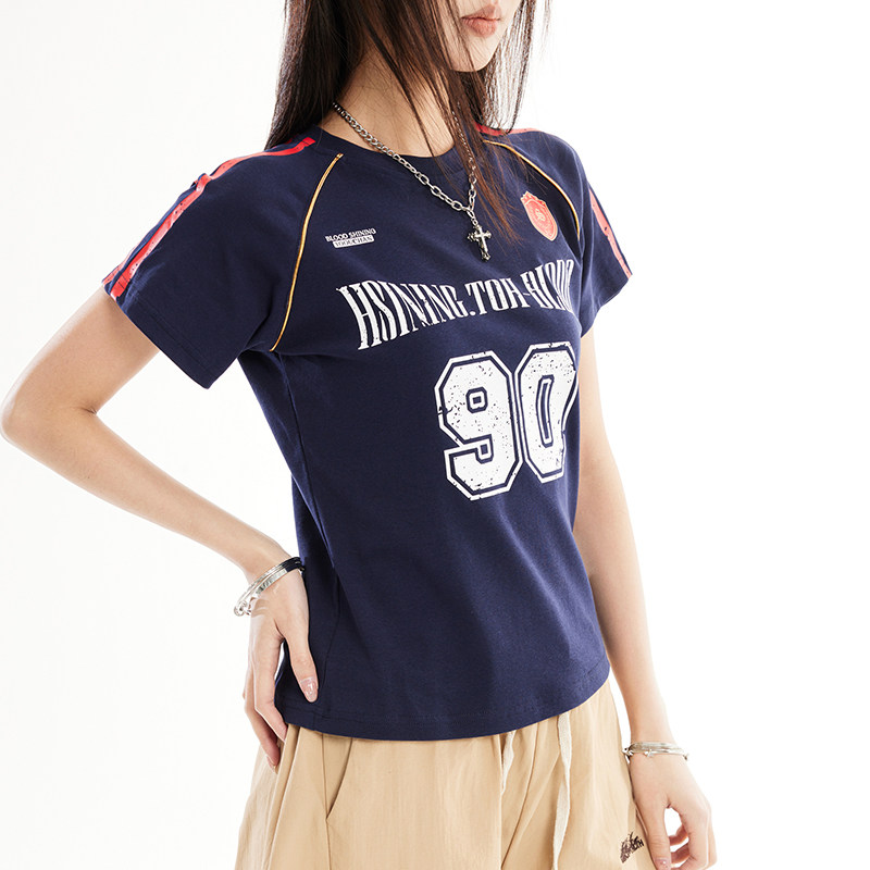 复古条纹印花运动短袖球衣t恤女夏美式辣妹设计感上衣潮YD266-P35，男装T恤，星座509