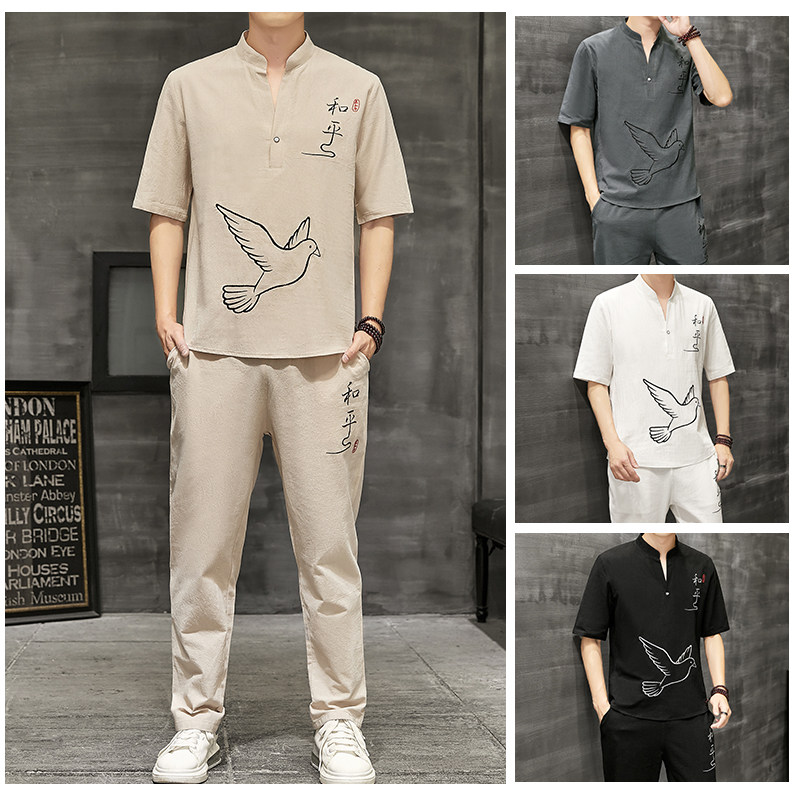 夏季棉麻套装刺绣V领短袖t恤中国风两件套夏装一套衣服YK513-P50图片