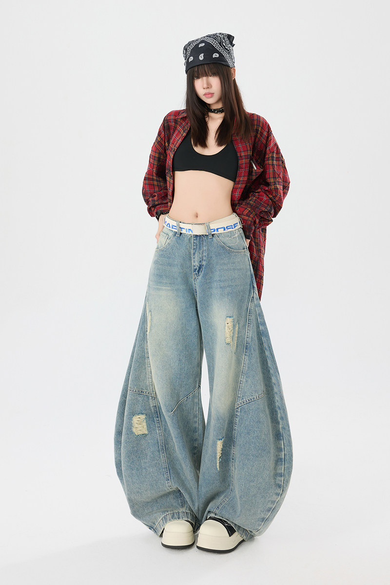 美式破洞弯刀裤女2025秋季宽松拼接高个子阔腿牛仔裤YD9007-P75,男装牛仔裤,星座509