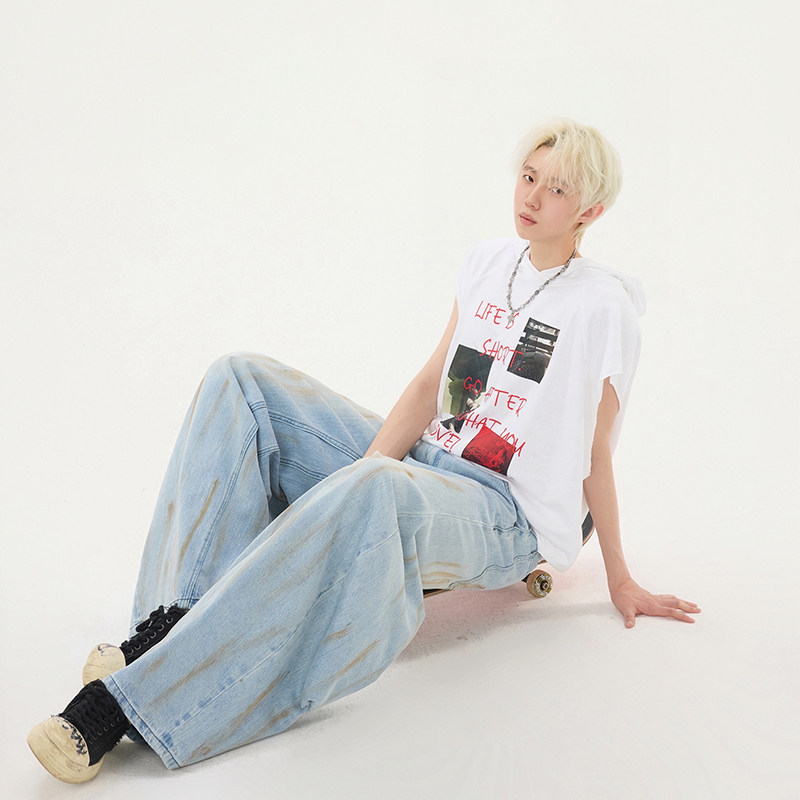 泼墨喷漆做旧阔腿牛仔裤男女2026秋季新款宽松直筒垂感YD9015-P80,男装牛仔裤,星座509