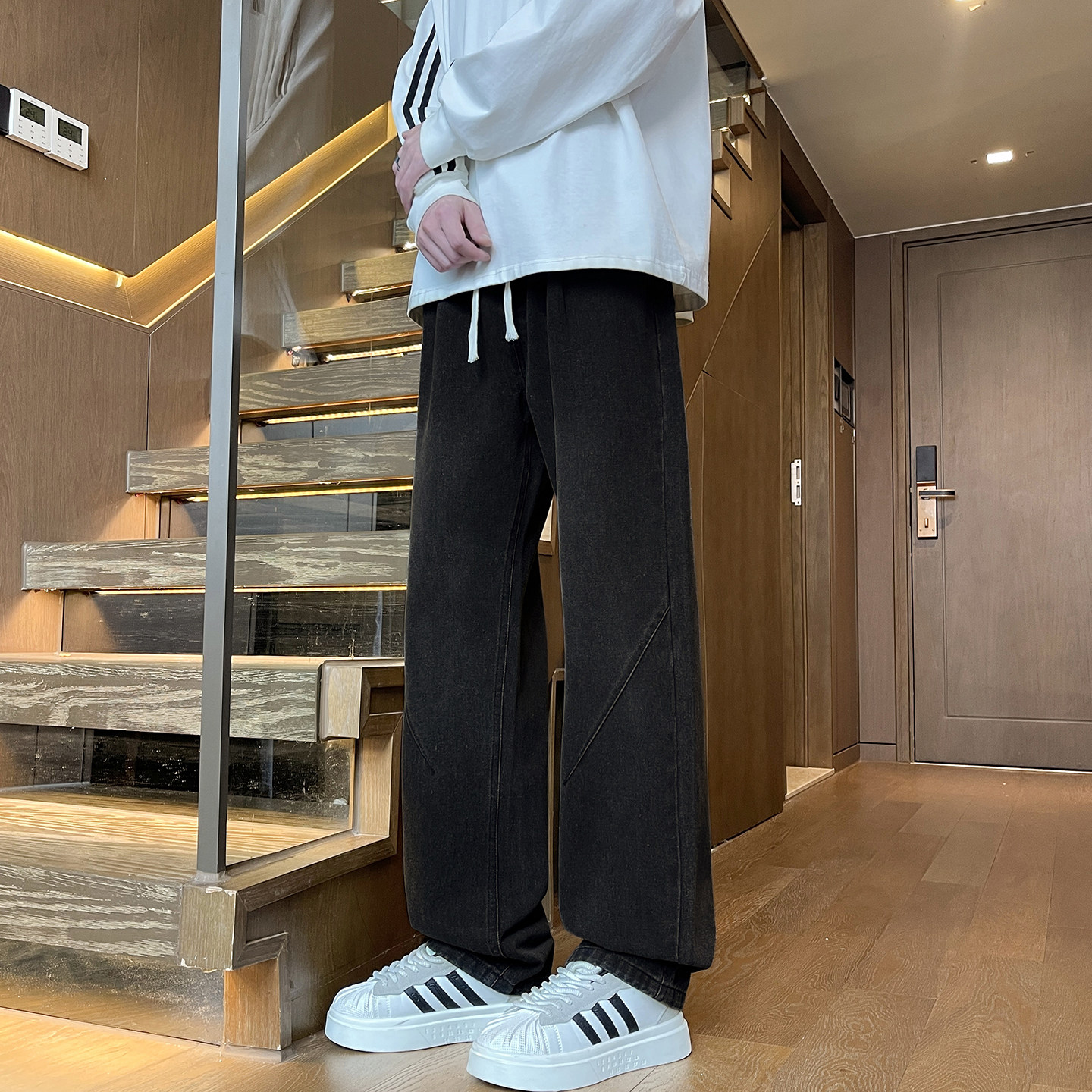 美式牛仔裤男水洗做旧复古青少年秋冬季高街宽松直筒裤子H801-P45,男装牛仔裤,星座509