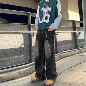 设计感痞帅阔腿褶皱磨白牛仔裤直筒宽松裤子情侣男女长裤YD96-P85图片