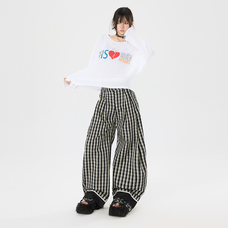 美式复古格纹撞色休闲裤男女同款秋季情侣宽松阔腿裤YD9056-P70,男装休闲裤,星座509