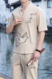 夏季男士大码套装男中国风加大棉麻刺绣T恤衫绣花两件套YK513-P50，男装T恤，星座509