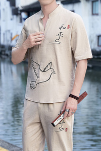 夏季男士大码套装男中国风加大棉麻刺绣T恤衫绣花两件套YK513-P50图片