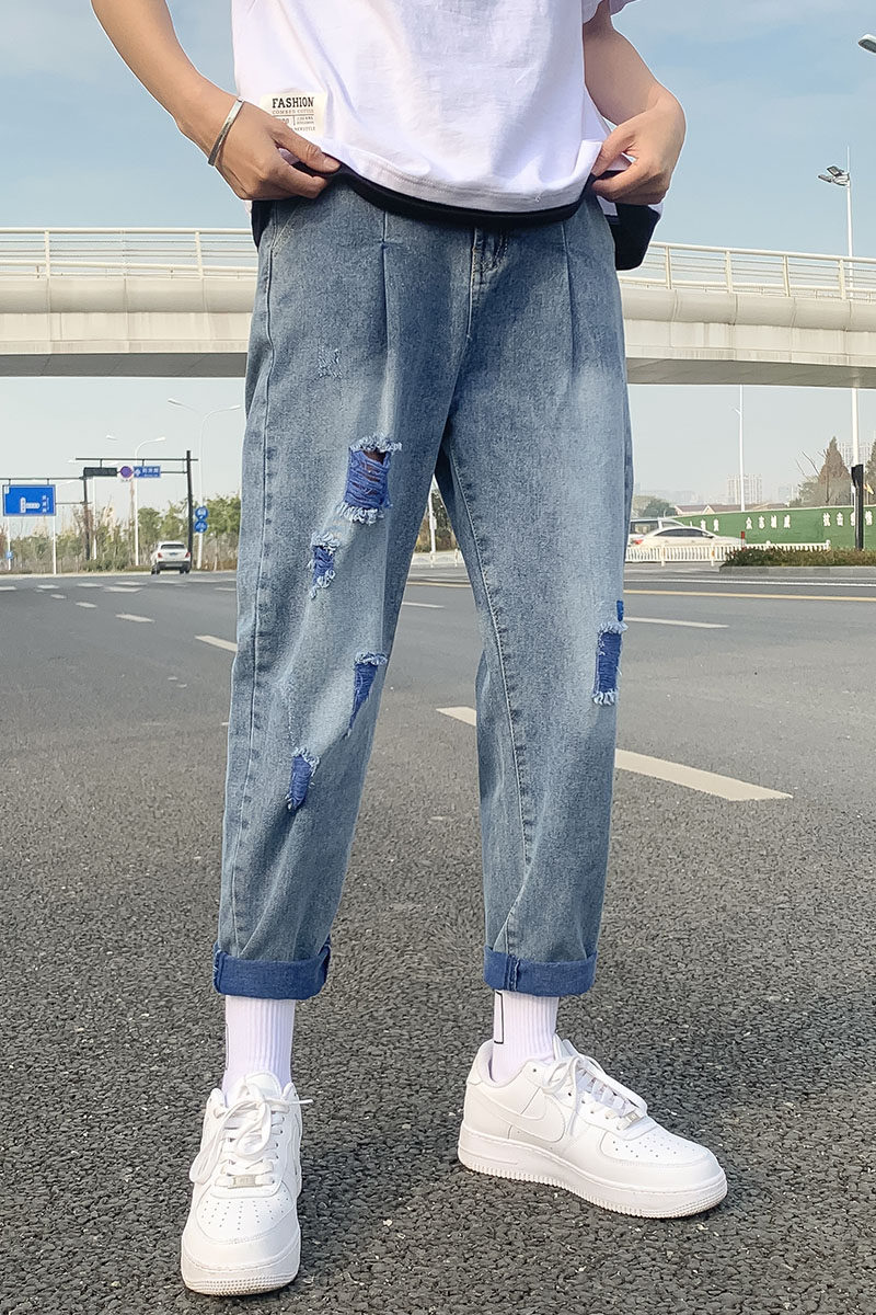 春夏牛仔裤男士宽松束脚潮流修身小脚休闲哈伦裤潮牌长裤K709-P40,男装牛仔裤,星座509