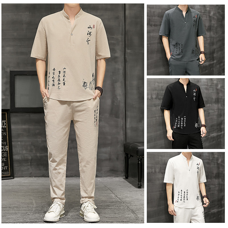 男装中国风短袖T恤九分裤套装棉麻宽松刺绣大码胖子套装YK512-P50图片 男装中国风短袖T恤九分裤套装棉麻宽松刺绣大码胖子套装YK512-P50图片