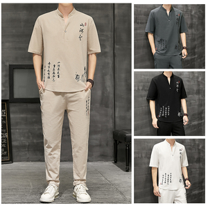男装中国风短袖T恤九分裤套装棉麻宽松刺绣大码胖子套装YK512-P50图片
