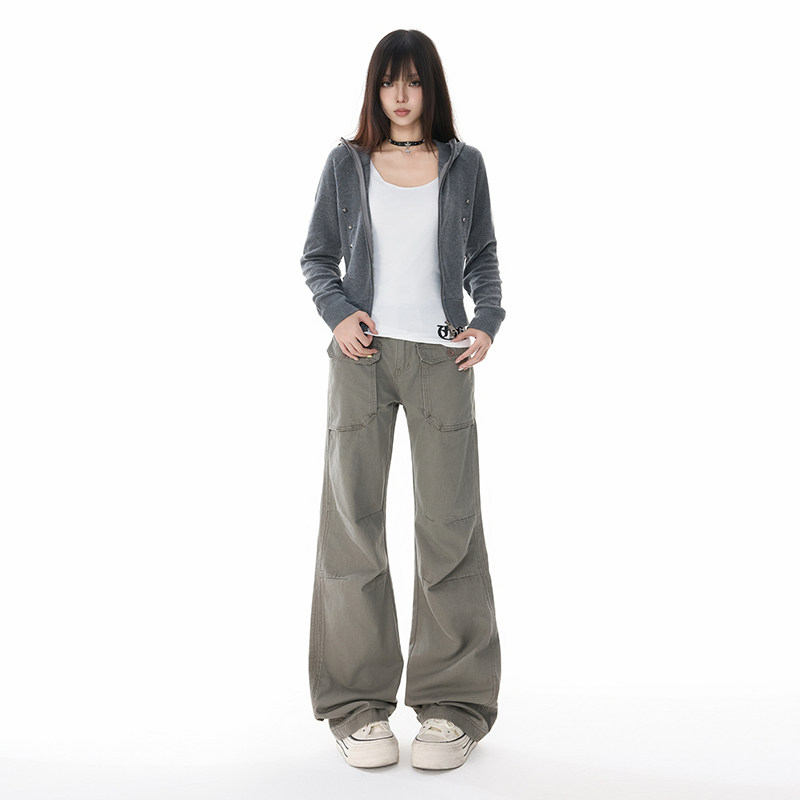 灰色微喇工装裤男女秋季2025新款美式高街宽松喇叭裤YD9041-P75,男装工装外套,星座509