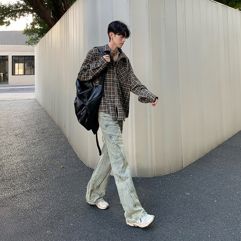 美式微喇拼接牛仔裤男复古休闲裤子秋冬高街直筒长裤YD2121-P65,男装休闲裤,星座509