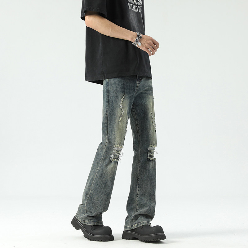 破洞微喇牛仔裤男秋季宽松直筒裤子美式水洗做旧长裤男YA113-P50,男装牛仔裤,星座509