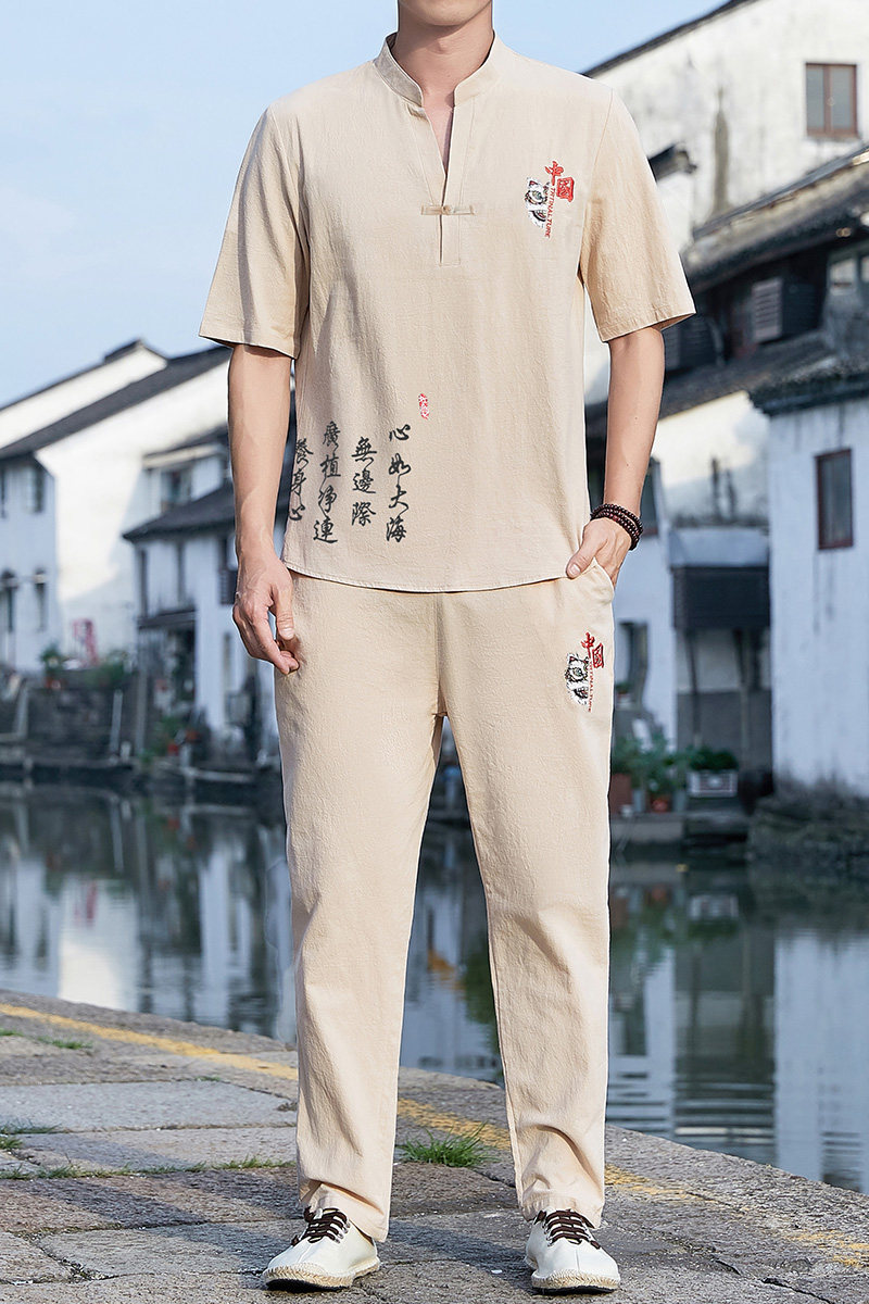 风男装棉麻套装夏季短袖T恤大码盘扣宽松民族风唐装Y,男装T恤,星座509