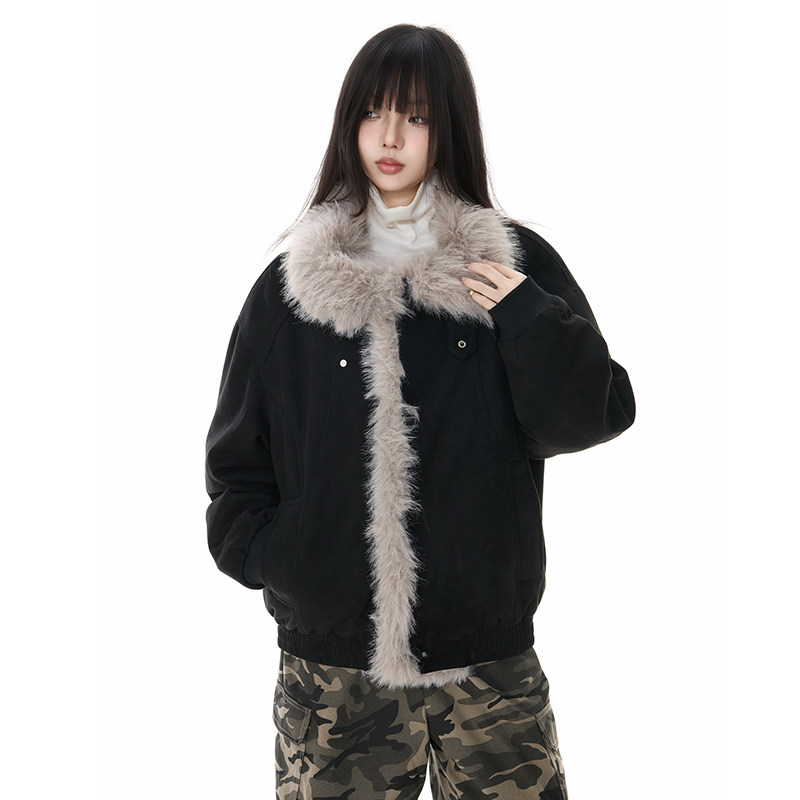 复古做旧座山雕加厚棉服男女宽松解构磨毛高级毛领外套YD02-P130图片