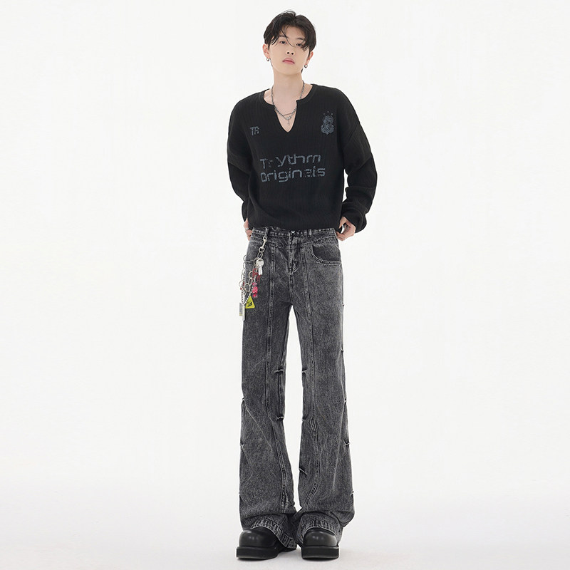 秋冬CleanFit美式复古皱褶牛仔裤高街潮牌拼接微喇直筒YA125-P50,男装牛仔裤,星座509