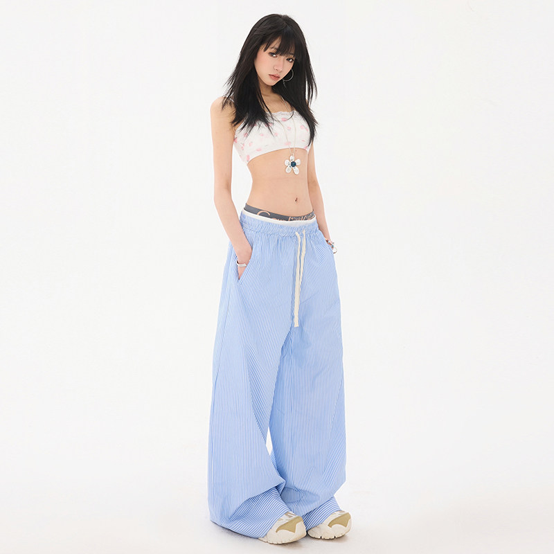 条纹休闲裤女2025秋季新款双腰抽绳设计慵懒宽松阔腿裤YD9010-P55,男装休闲裤,星座509