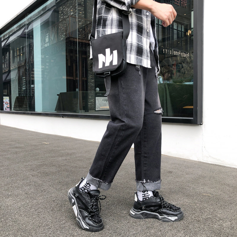 男士九分牛仔裤潮牌宽松直筒长裤子秋天破洞乞丐韩版潮流,男装牛仔裤,星座509