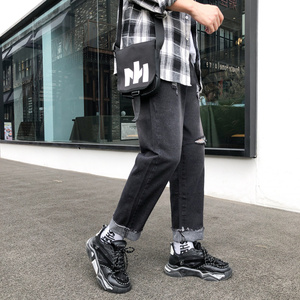 男士九分牛仔裤潮牌宽松直筒长裤子秋天破洞乞丐韩版潮流