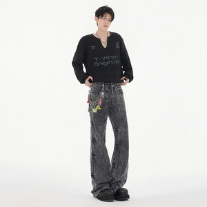 秋冬CleanFit美式复古皱褶牛仔裤高街潮牌拼接微喇直筒YA125-P50图片