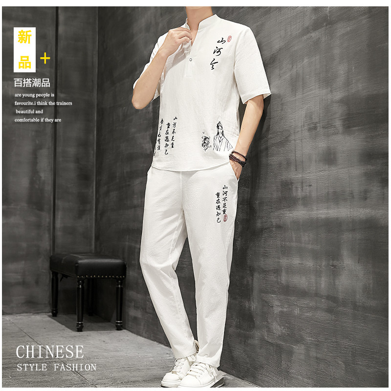 夏季套装男中国风短袖t恤宽松大码男士两件套休闲唐装潮YK512-P50图片