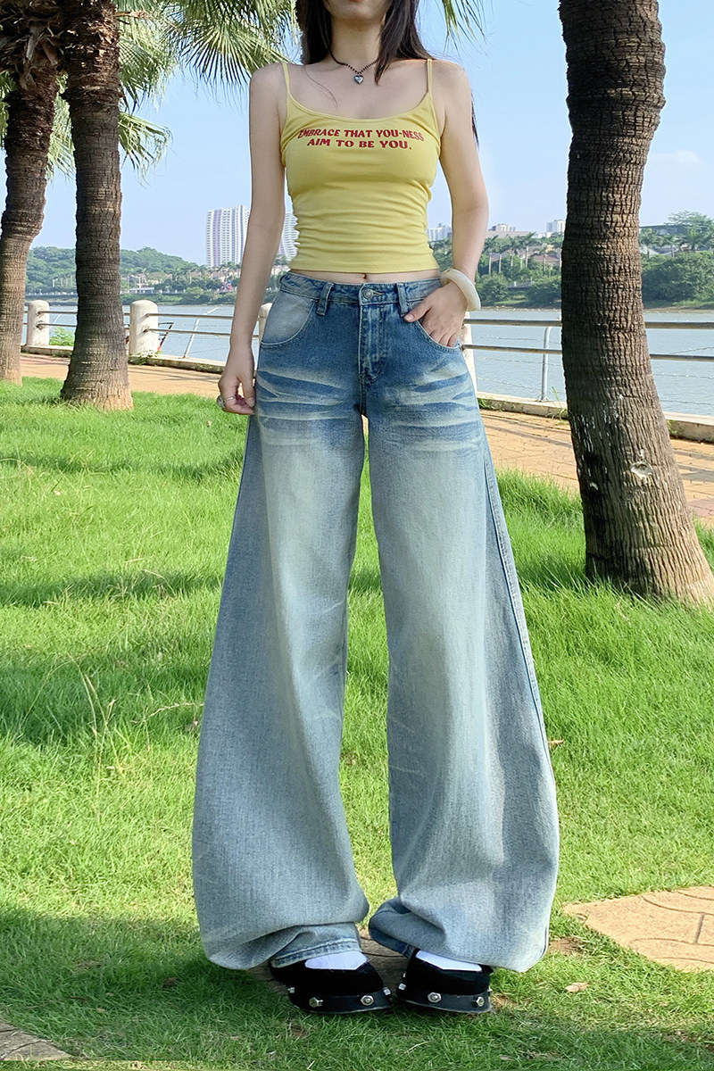 浅蓝色做旧阔腿牛仔裤男女秋季新款宽松显瘦垂感拖地裤YD9021-P65,男装牛仔裤,星座509