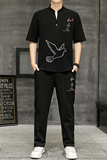 夏季棉麻套装刺绣V领短袖t恤中国风两件套夏装一套衣服YK513-P50，男装T恤，星座509