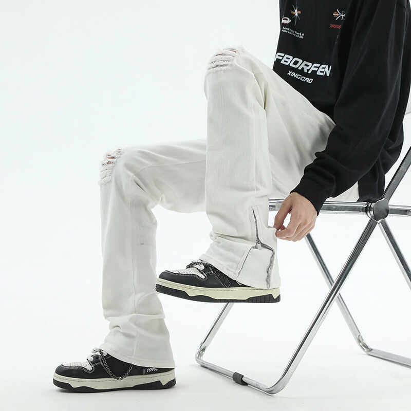 春秋纯白破洞炸街小直筒长裤高街弹力潮牌牛仔裤子男士YA115-P50，男装牛仔裤，星座509