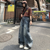 高街vibe泼墨弯刀牛仔裤男女秋季宽松破洞美式阔腿长裤YD9005-P70，男装牛仔裤，星座509
