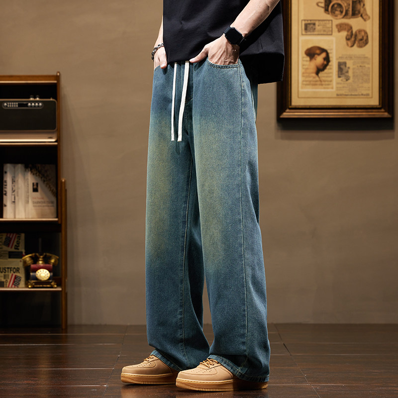 特批浅蓝牛仔裤男宽松美式直筒裤子潮秋季阔腿休闲长裤Z2507-P35，男装牛仔裤，星座509