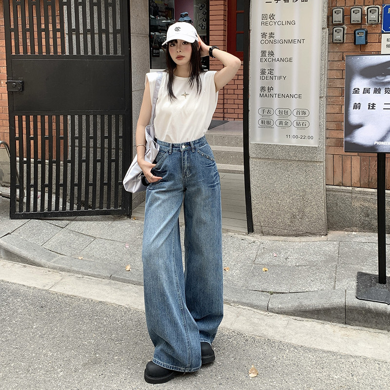 复古蓝做旧宽松阔腿牛仔裤男女秋季高腰显瘦拖地直筒裤YD9008-P70,男装牛仔裤,星座509