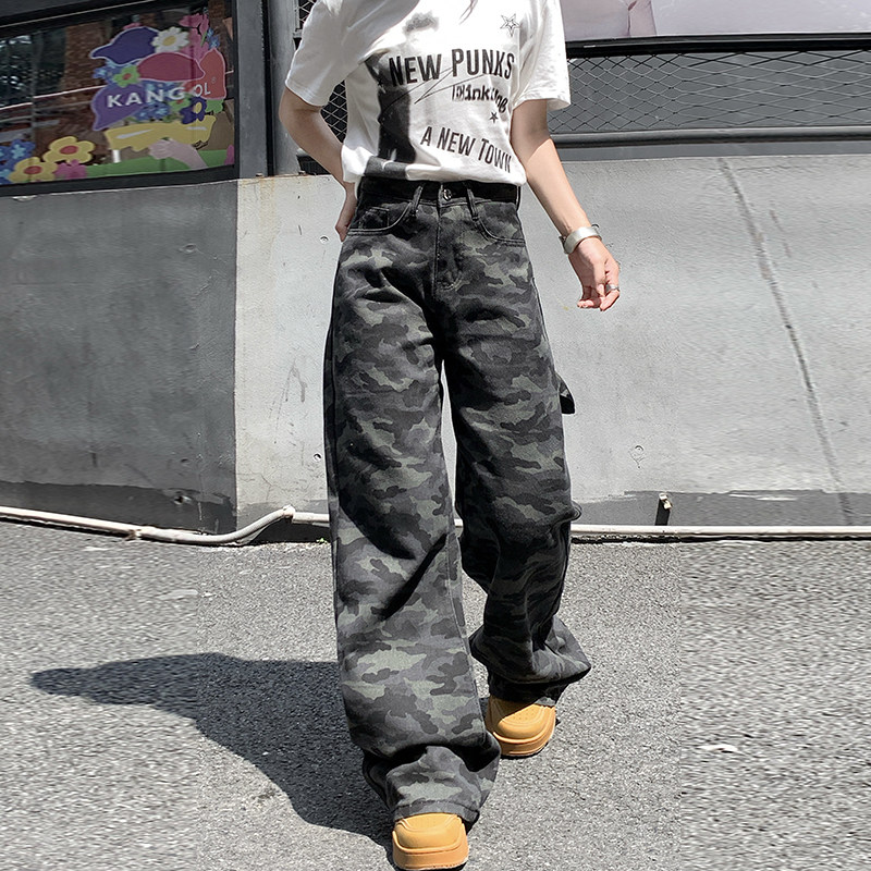美式复古迷彩阔腿牛仔裤男女秋季新款宽松直筒拖地裤子YD6601-P45,男装牛仔裤,星座509